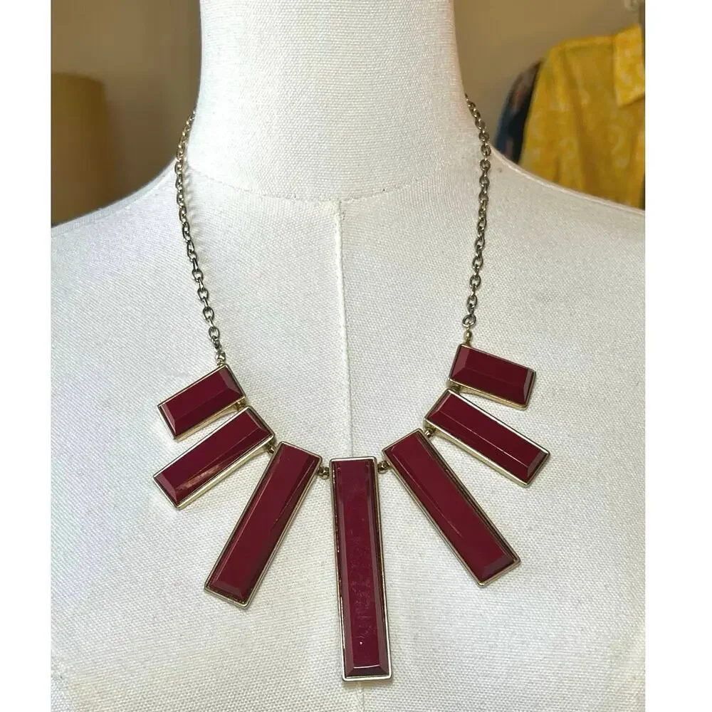 Anthropologie Red Geometric Bib Necklace Gold Tone Vintage